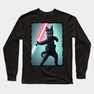 Fun Cat Print ~ AI Art ~ Fantasy Cat ~ Sci-fi Cat ~ Cats with Lightsabers Long Sleeve T-Shirt